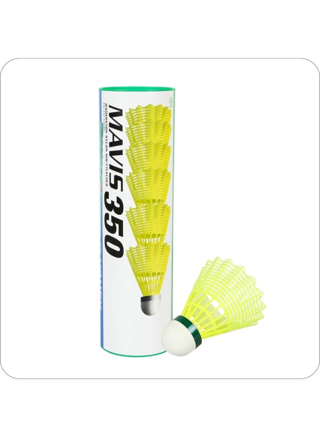 يونيكس مافيس 350، كرات ريشة نايلون بغطاء أخضر، لون أصفر - عبوة من 6 كرات ريشة صناعية للريشة الطائرة تتميز بثبات الطيران وسرعة اللعب في البطولات ومتانة عالية - Image 1